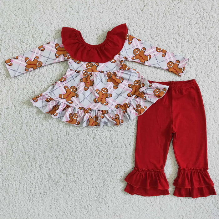 (Promotion) 6 B8-5 Gingerbread Backless Bow Tunic Top Red Pants Girls Christmas Clothes Set