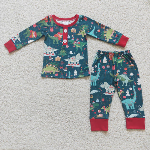 (Promotion) 6 C11-40 Dino Print Boys Christmas Pajamas Clothes Set