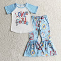 (Promotion) B12-14 Dr.Reading Blue Top Bell Pants Girls Clothes Set