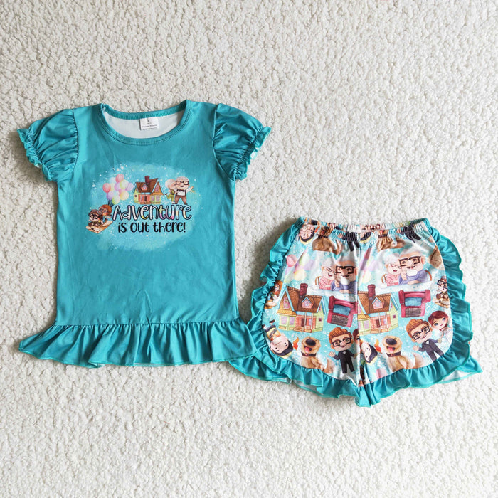 (Promotion) B12-25 Cartoon Up Blue Top Ruffle Shorts Girls Summer Outfits