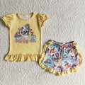 (Promotion) B13-25 Cartoon Mouse Yellow Top Ruffle Shorts Girls Summer Outfits