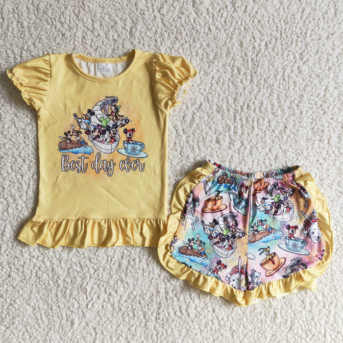 (Promotion) B13-25 Cartoon Mouse Yellow Top Ruffle Shorts Girls Summer Outfits
