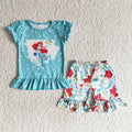 (Promotion)  B17-25 Cartoon Princess Mermaid Blue Top Ruffle Shorts Girls Summer Outfits