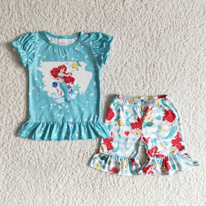 (Promotion)  B17-25 Cartoon Princess Mermaid Blue Top Ruffle Shorts Girls Summer Outfits