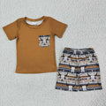(Promotion) Brown Pocket Top Cow Skull Shorts Boys summer outfits   BSSO0073