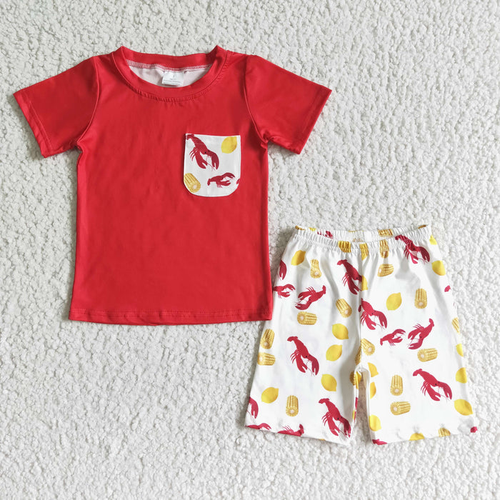 (Promotion) BSSO0006 Red Pocket Top Crayfish Shorts Boys Summer Clothes Set