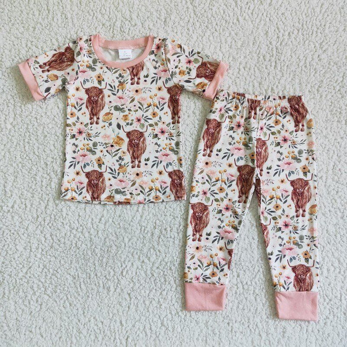 (Promotion)  C2-14 Highland cow flowers short sleeved pajamas