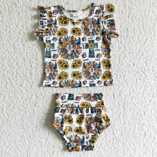 (Promotion) Cow Skull Sunflowers Print Girls Summer bummie outfits GBO0047