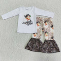 (Promotion)6 A14-13 Holly Santa White Top Leopard Bell Pants Girls Christmas Clothes Set