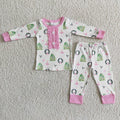 (Promotion)6 A16-27 Pink Ballerina Holly Tree Print Girls Christmas Pajamas Clothes Set