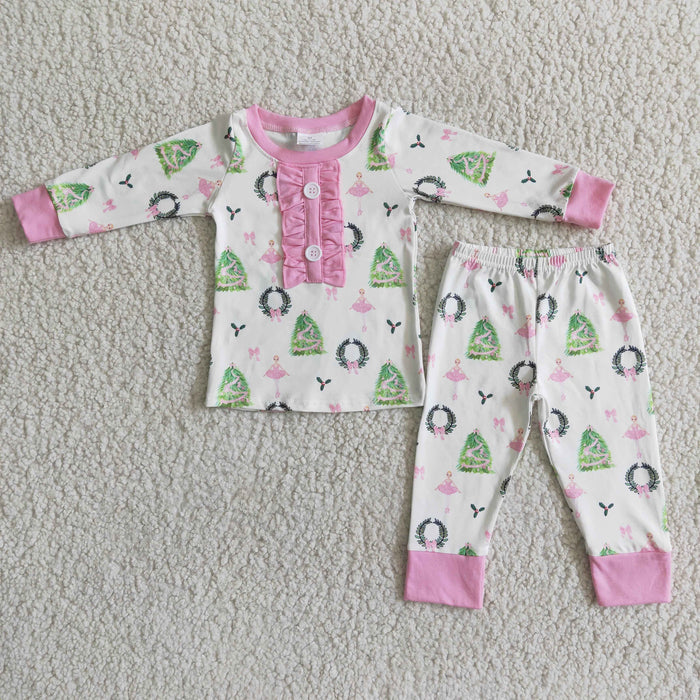 (Promotion)6 A16-27 Pink Ballerina Holly Tree Print Girls Christmas Pajamas Clothes Set