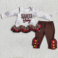 (Promotion)6 A18-5 Santa Baby Ruffles Tunic Top Brown Capri Pants Girls Christmas Clothes Set