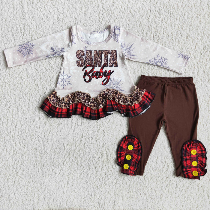 (Promotion)6 A18-5 Santa Baby Ruffles Tunic Top Brown Capri Pants Girls Christmas Clothes Set