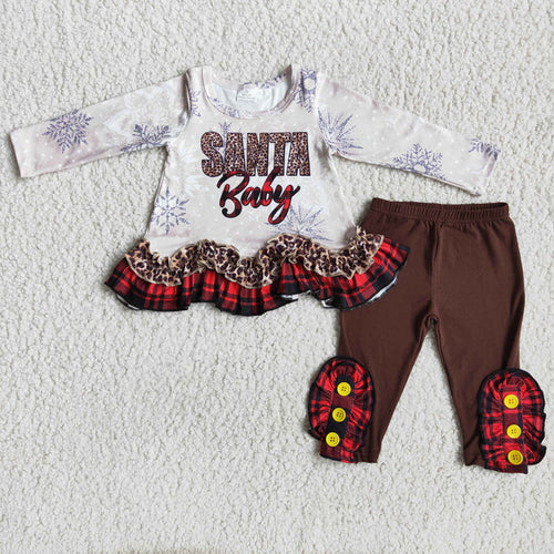 (Promotion)6 A18-5 Santa Baby Ruffles Tunic Top Brown Capri Pants Girls Christmas Clothes Set