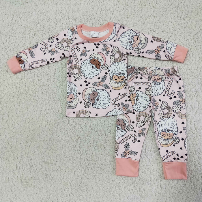 (Promotion)6 A19-14 Pink Santa Candy Cane Holly Girls Christmas Pajamas Clothes Set