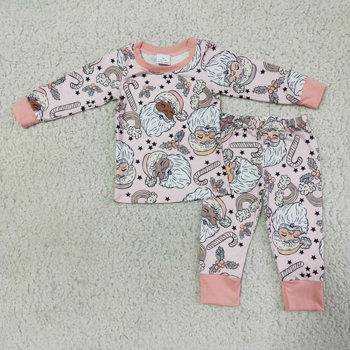 (Promotion)6 A19-14 Pink Santa Candy Cane Holly Girls Christmas Pajamas Clothes Set