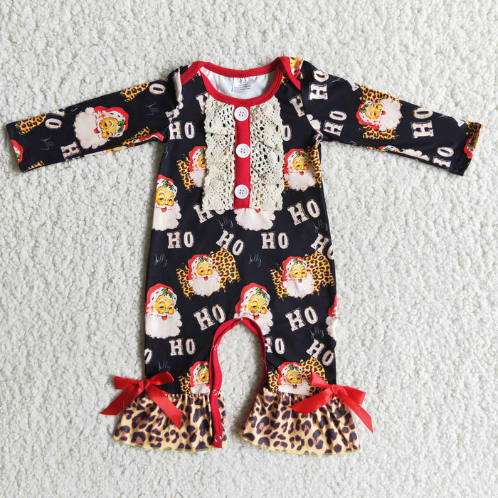 (Promotion)6 A19-17 HO HO HO Santa Leopard Baby Girls Christmas Ruffle Romper