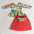 (Promotion)6 A20-13 Green Frog Long Sleeve Top Tulle Shorts Baby Girls Christmas Bummie Set