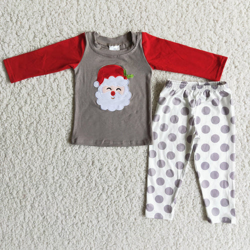 (Promotion)6 A20-14 Santa Embroidery Top Dots Pants Kids Christmas Pajamas Clothes Set
