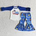 (Promotion)6 A22-4 Frost* Snowman Raglan Sleeve Top Bell Pants Girls Christmas Clothes Set