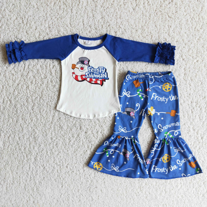 (Promotion)6 A22-4 Frost* Snowman Raglan Sleeve Top Bell Pants Girls Christmas Clothes Set