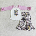 (Promotion)6 A27-3 Lavender Sleeve Nightmar* Top Bell Pants Girls Halloween Clothes Set