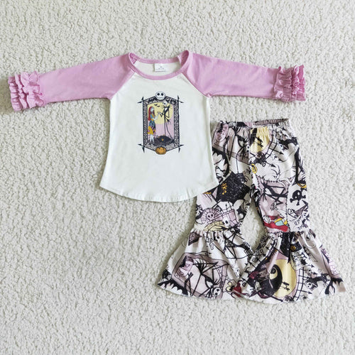 (Promotion)6 A27-3 Lavender Sleeve Nightmar* Top Bell Pants Girls Halloween Clothes Set