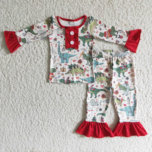 (Promotion)6 A4-30 Dino Print Girls Christmas Pajamas Clothes Set