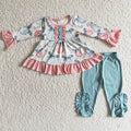 (Promotion)6 B2-2 Candy Cane Bows Tunic Top Blue Pants Girls Christmas Clothes Set