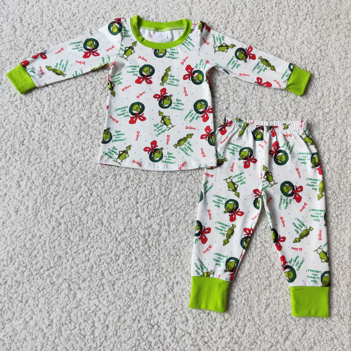 (Promotion)6 B4-20 Green Frog Print Boys Christmas Pajamas Clothes Set