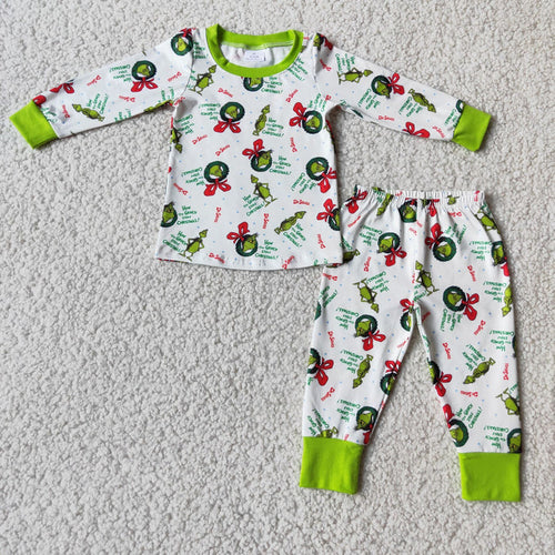 (Promotion)6 B4-20 Green Frog Print Boys Christmas Pajamas Clothes Set
