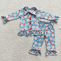 (Promotion)6 B6-22 Santa Blue Print Girls Christmas Buttons Pajamas Clothes Set