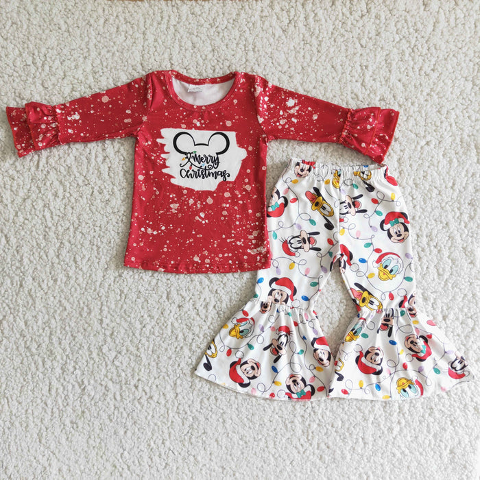 (Promotion)6 C11-4 Cartoon Mouse Red Top Bell Pants Girls Christmas Clothes Set