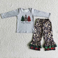(Promotion)6 C6-38 Tree Grey Top Leopard Ruffle Pants Girls Christmas Clothes Set