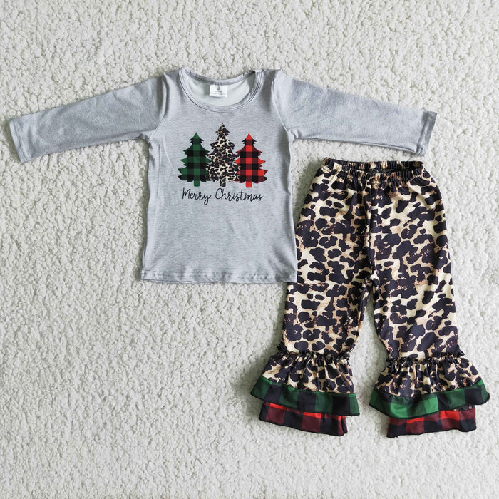 (Promotion)6 C6-38 Tree Grey Top Leopard Ruffle Pants Girls Christmas Clothes Set