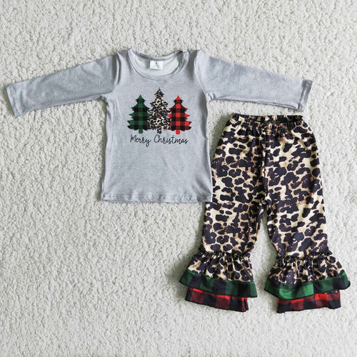 (Promotion)6 C6-38 Tree Grey Top Leopard Ruffle Pants Girls Christmas Clothes Set