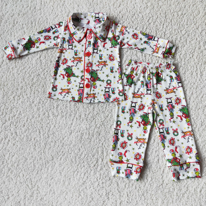 (Promotion)6 C6-39 Green Frog Print Boys Christmas Buttons Pajamas Clothes Set