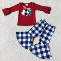 (Promotion)6 C6-40 Tree Embroidery Wine Top Checkered Bell Pants Girls Christmas Clothes Set