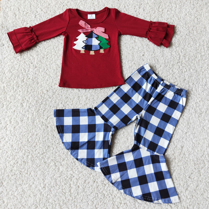 (Promotion)6 C6-40 Tree Embroidery Wine Top Checkered Bell Pants Girls Christmas Clothes Set