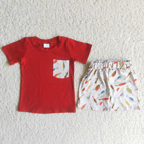 (Promotion)A13-12 Red Pocket Top Fishhook Shorts Boys Summer Outfits