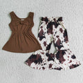 (Promotion)A18-12 Sleeveless Brown Tunic Top Cowhide Bell Pants Girls Outfits