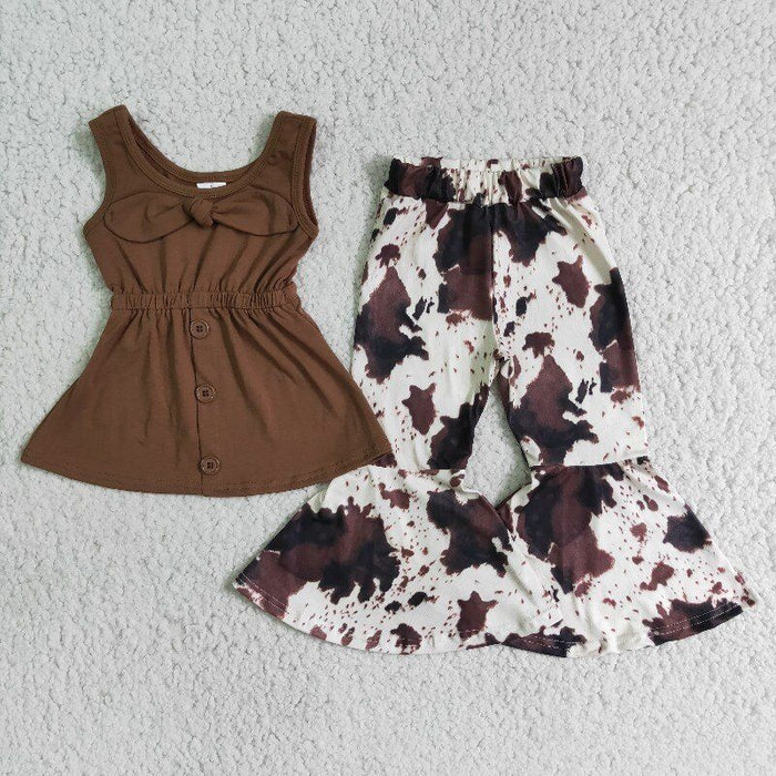 (Promotion)A18-12 Sleeveless Brown Tunic Top Cowhide Bell Pants Girls Outfits