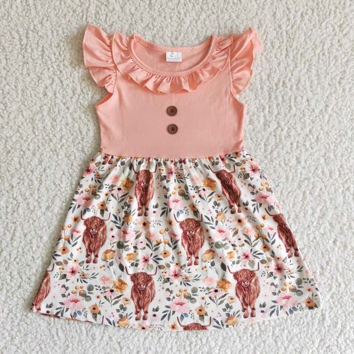 (Promotion)B13-30 Highland Cow Flowers Pink Girls Summer Dress