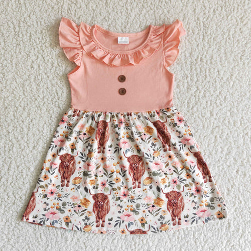 (Promotion)B13-30 Highland Cow Flowers Pink Girls Summer Dress