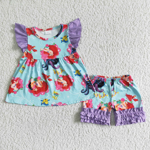 (Promotion)B16-21 Cartoon Princess Mermaid Print Girls Summer Clothes Set