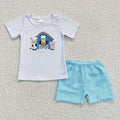 (Promotion)B18-12 Farm Animals Embroidery White Top Blue Shorts Boys Summer Outfits