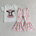 (Promotion)B7-11 Heifer Flowers White Top Bell Pants Girls Clothes Set