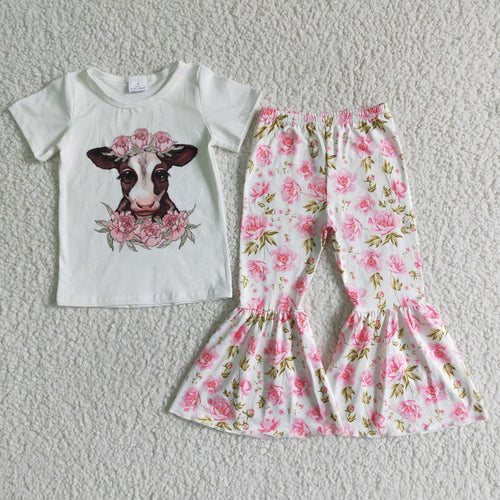 (Promotion)B7-11 Heifer Flowers White Top Bell Pants Girls Clothes Set