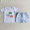 (Promotion)Boys 3 fish embroideried summer outfits