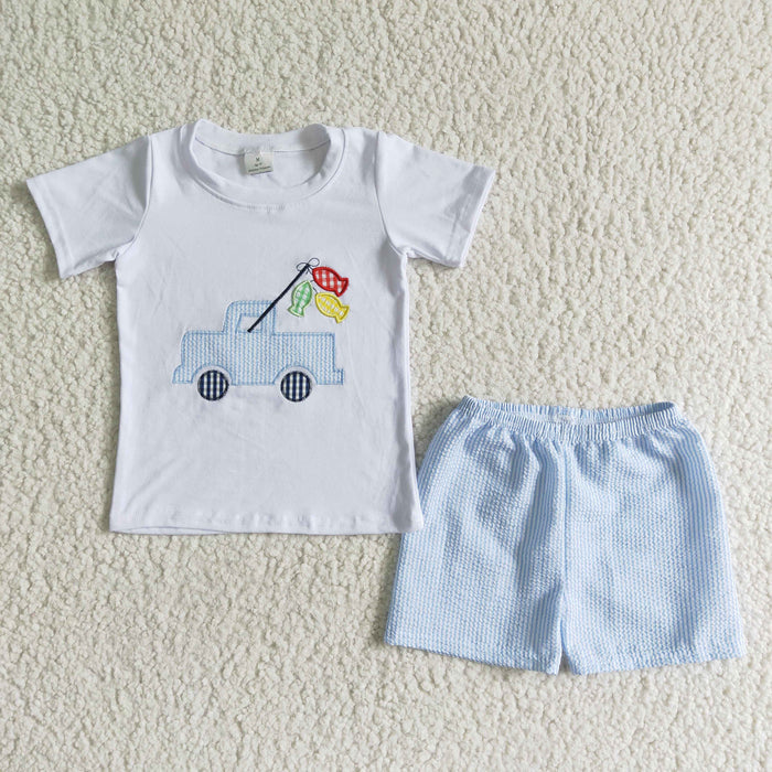 (Promotion)BSSO0018 Fishing Trucks Embroidery White Top Blue Shorts Boys Summer Outfits